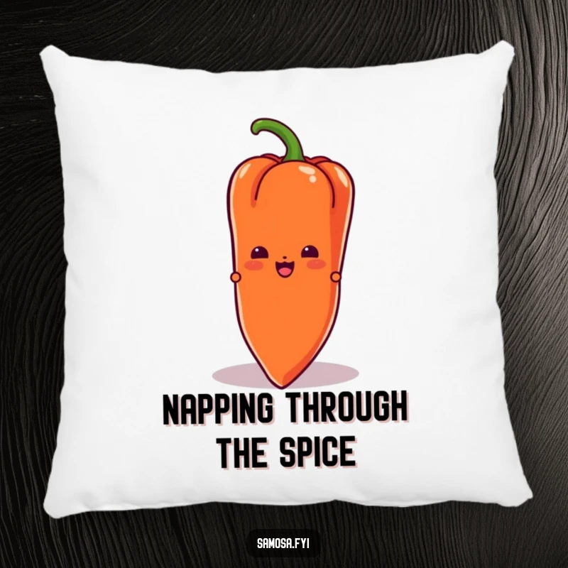 Funny Samosa Pillow featuring a samosa character peeking from behind a large chili pepper, offering comfort and a playful surprise.