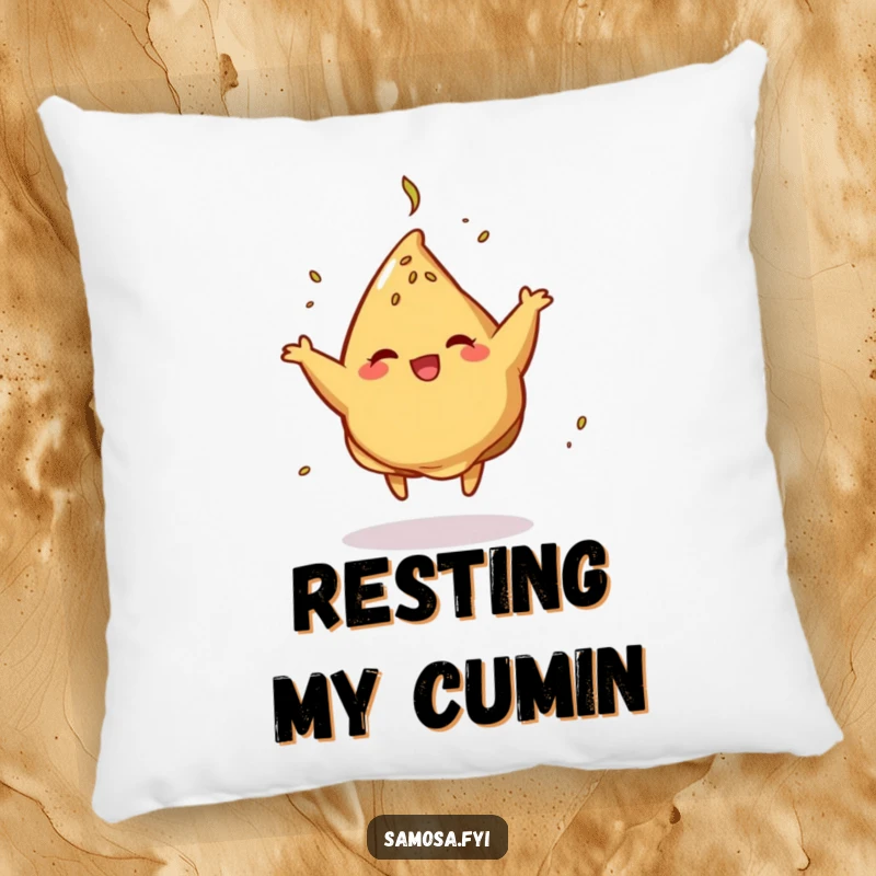 Funny Pillow adorned with a samosa in mid-dance, garnished with cumin, adding humor and comfort to any room.