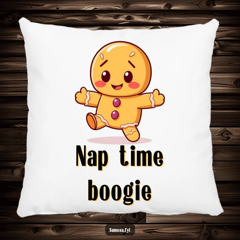 Funny gingerbread cookie pillow featuring the character doing a wobbly dance, adding a cozy and festive touch.