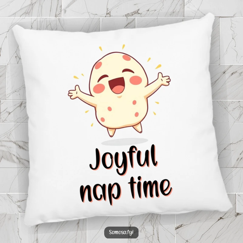 Funny Samosa Pillow featuring a samosa character bursting with joy, arms flailing wildly, offering comfort and an energetic vibe.
