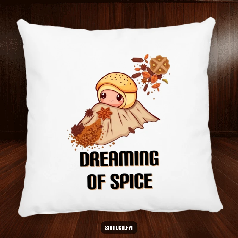 Funny pillow featuring a brave little pastry conquering a mountain of spices, adding humor to any room.