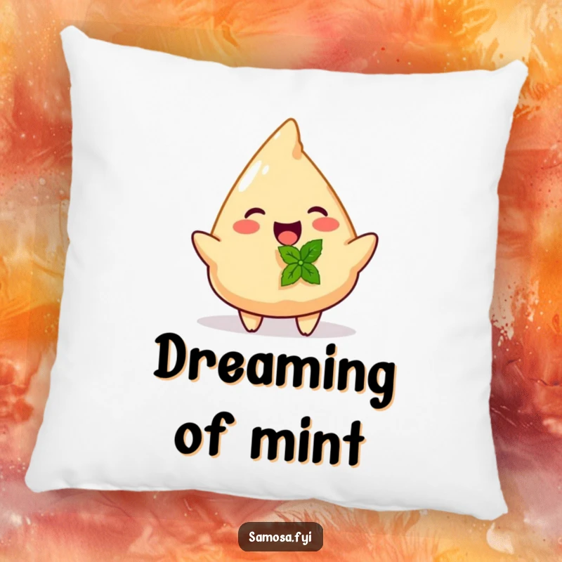 Funny pillow featuring a joyful samosa offering a tiny mint leaf, perfect for snuggling.