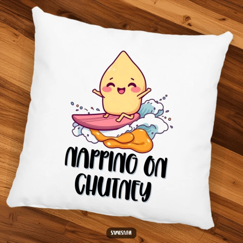 A plush, comfy pillow featuring a happy, giggling samosa character surfing a sweet chutney wave for ultimate relaxation and fun.
