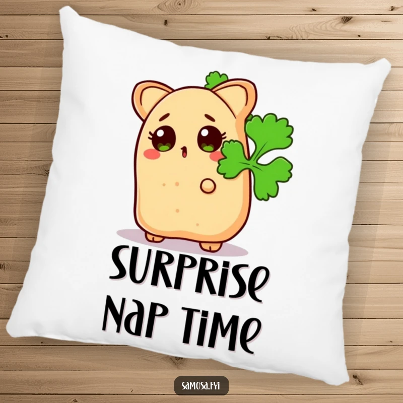 Funny Surprised Samosa Pillow: Soft cushion featuring a snack peeking from behind a coriander leaf, ideal for cozy, humorous comfort.