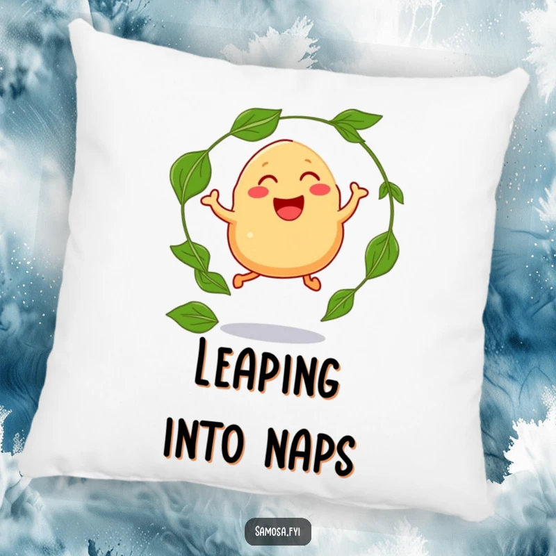 Funny pillow featuring a laughing samosa with legs, jumping through a hoop of curry leaves, embodying fun and excitement.