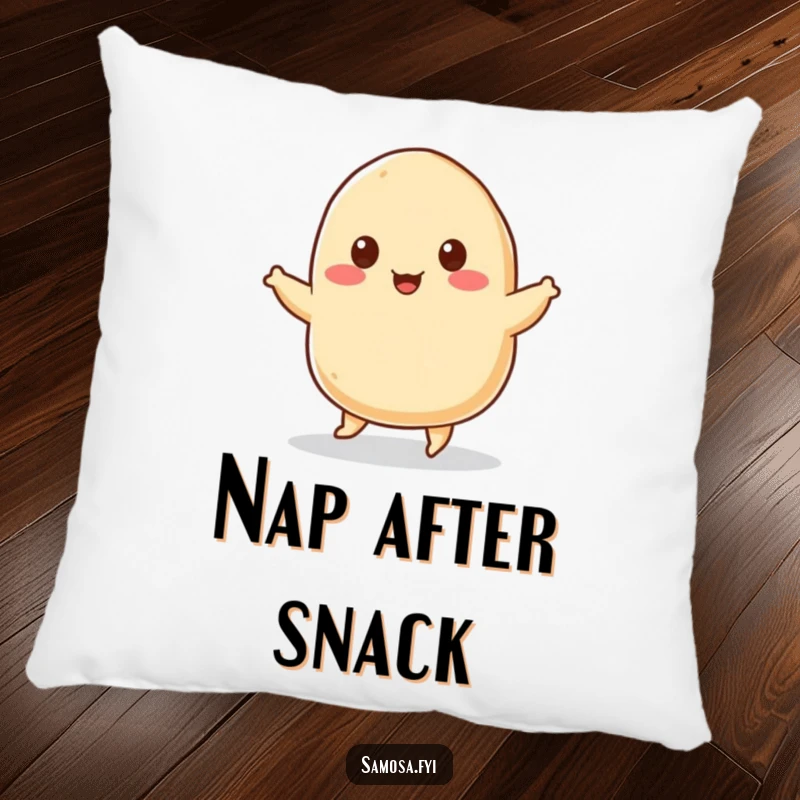 Funny Pillow featuring a cheerful samosa with tiny sesame seed eyes, humorously doing a joyful jig, offering comfort and culinary charm.