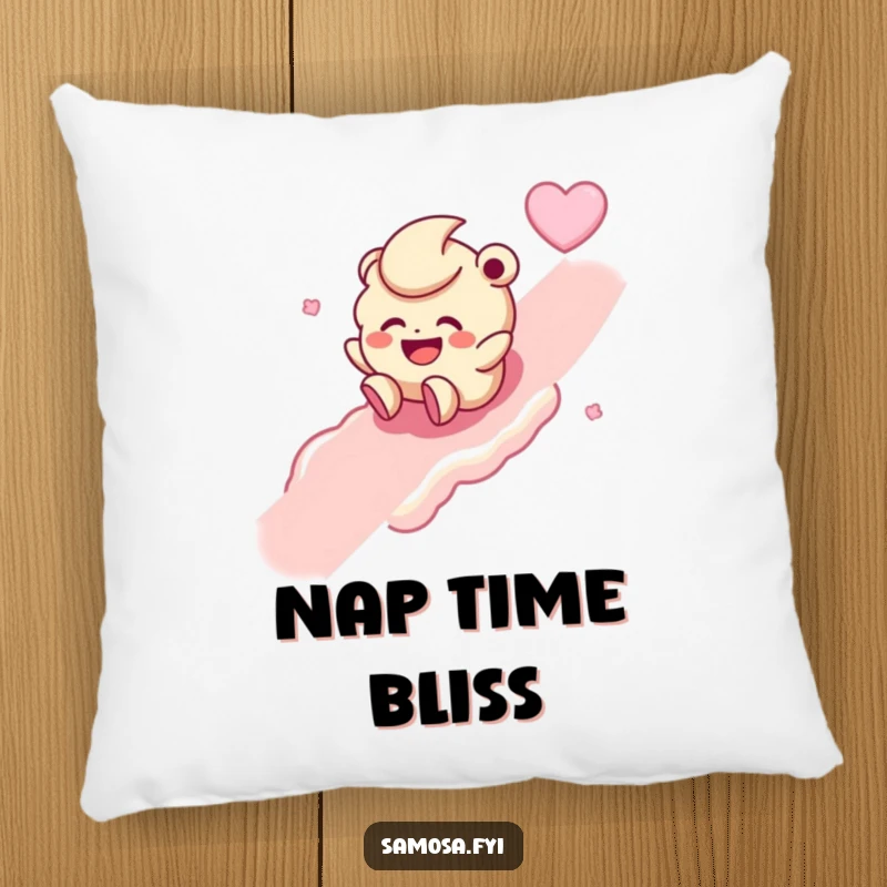 Funny decorative pillow featuring a giggling laddoo character rolling with delight down a sweet slope, offering cozy humor.