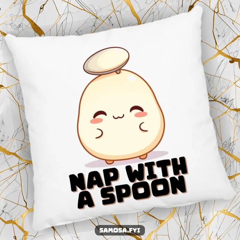 Funny pillow with a pastry puff attempting to balance a spoon, ideal for adding comfort and humor.