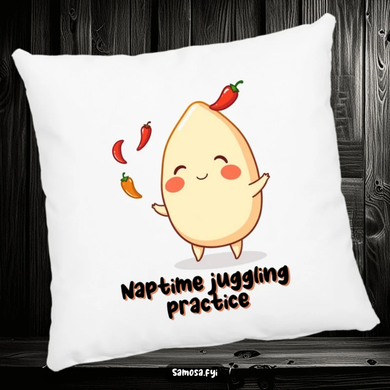Funny Samosa Pillow: Plush Indian snack character juggling hot peppers, adding a cozy and humorous touch to any seating area.