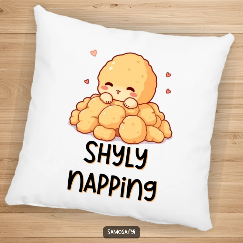 Funny pillow featuring a shy pakora character peeking out from a pile of crispy batter, soft and huggable.
