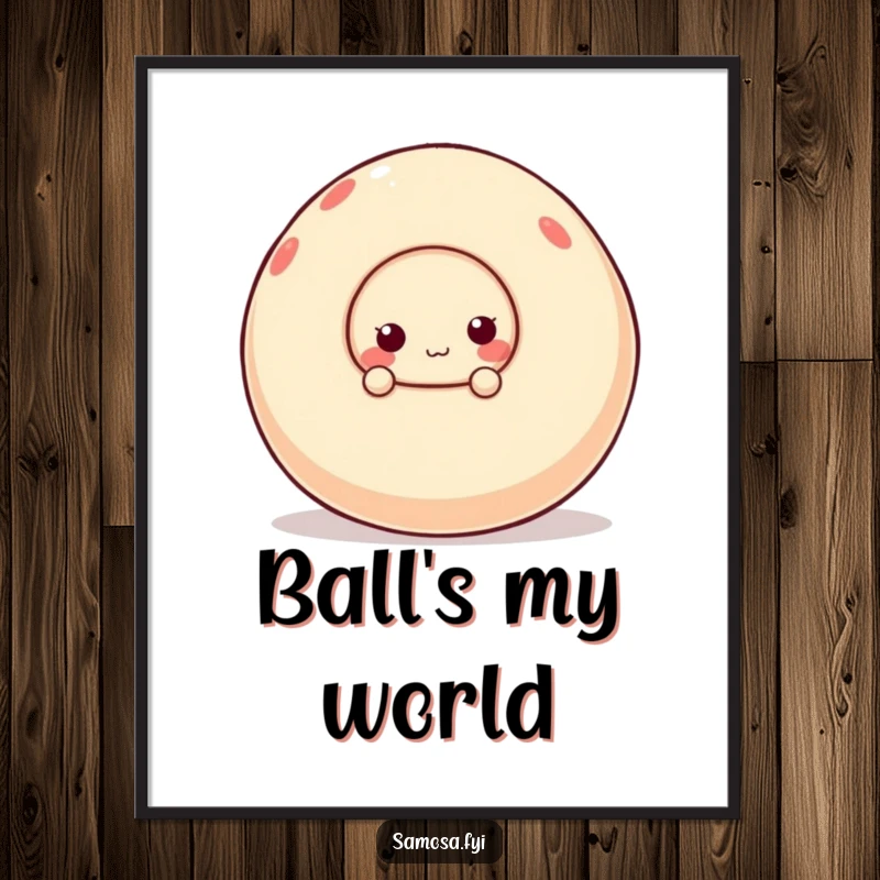 Funny digital art print of a cute samosa character peeking from behind a large, unsteady ball, offering immediate humorous charm.