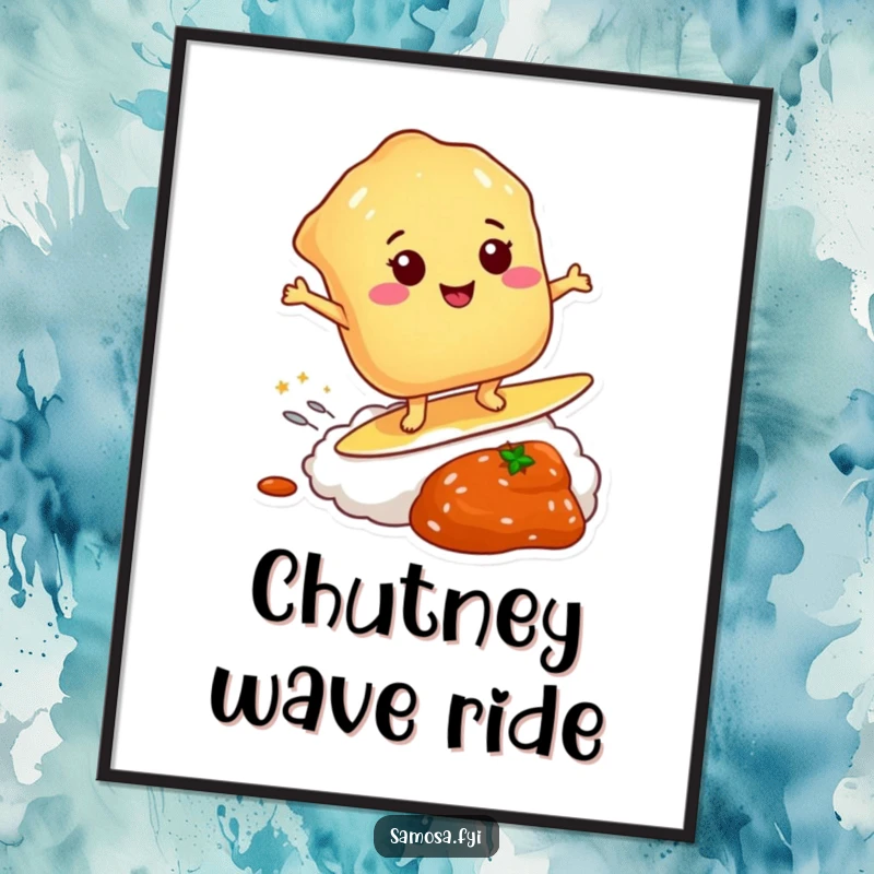 Funny digital art print of a smiling pastry hilariously surfing on chutney, ideal for vibrant and humorous wall decor.