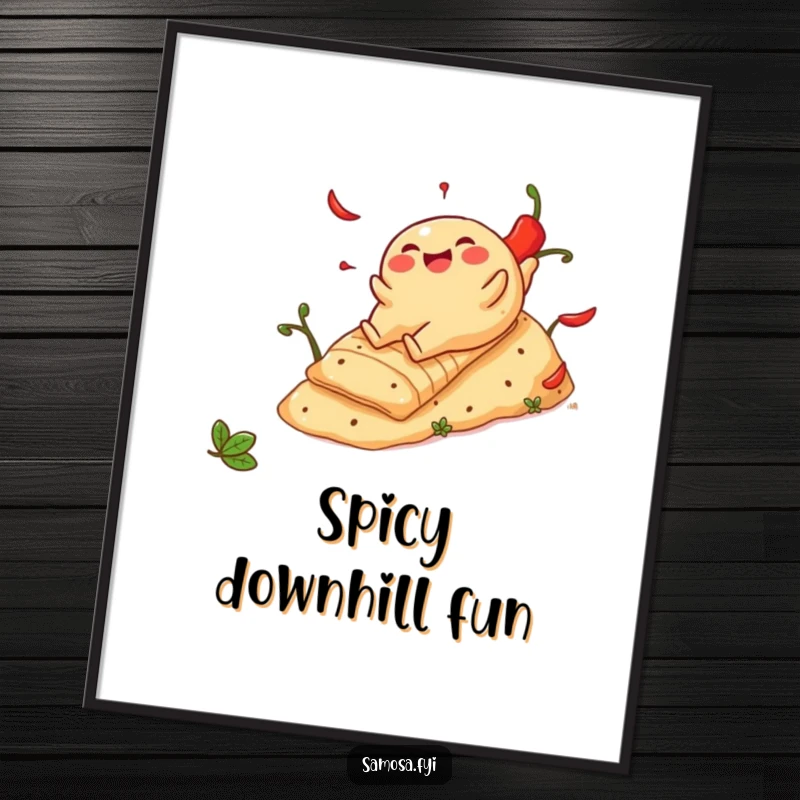 Funny Cheerful Samosa Digital Art: High-resolution printable of a snack sliding down a spicy pepper hill, perfect for adventurous decor.