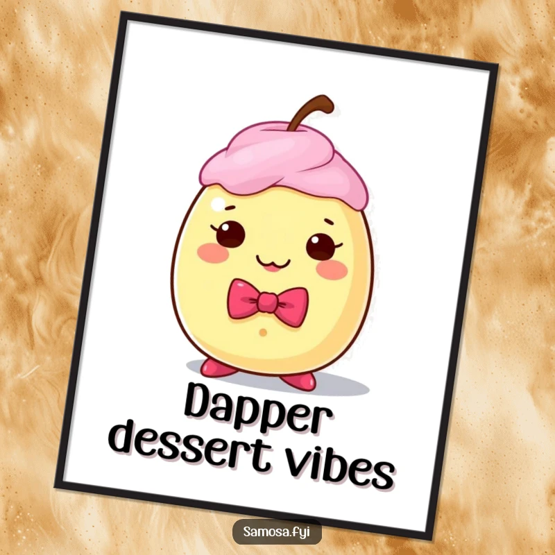 Funny digital art print of a dapper gulab jamun character in a bow tie, offering sophisticated and sweet wall decor.