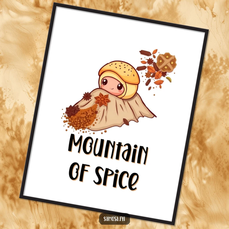 Funny digital art print of a pastry bravely climbing a towering spice mountain, ideal for humorous wall decor.