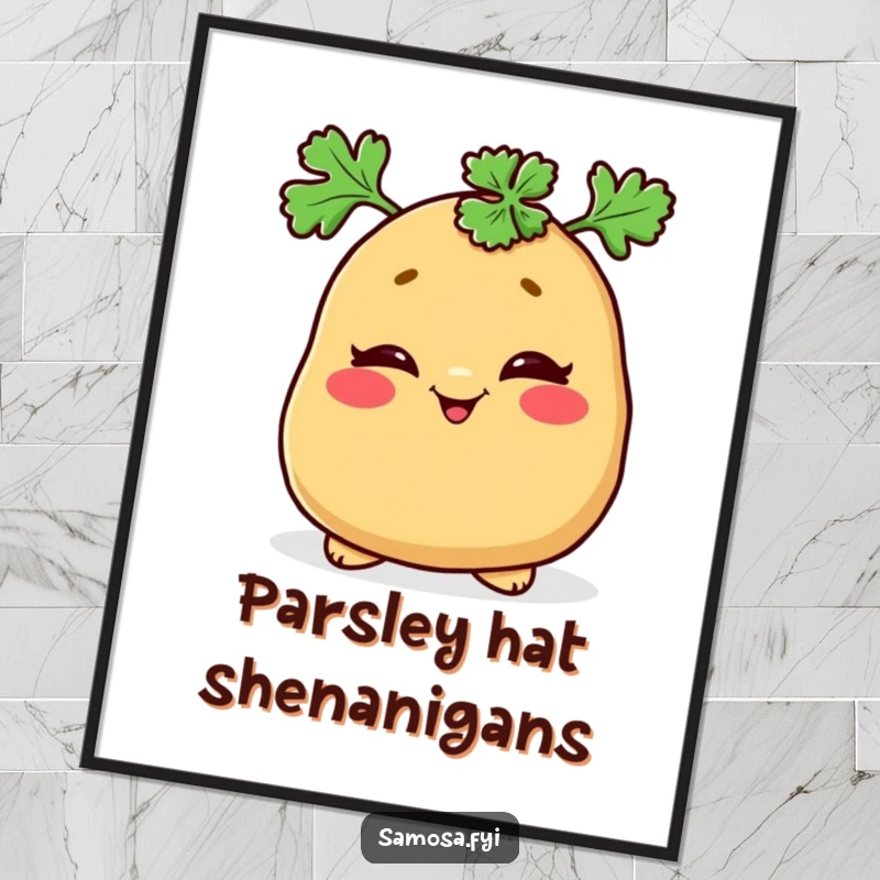 Funny digital art print of a mischievous samosa winking with a parsley hat, adding playful charm to any room.