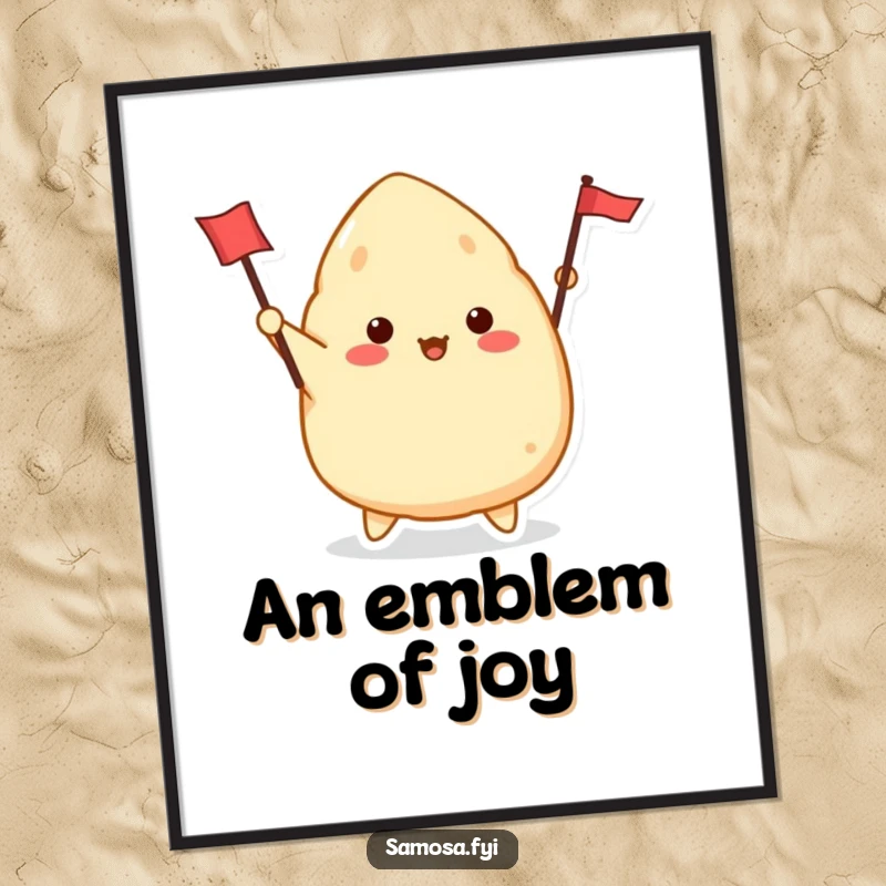 Funny Samosa Digital Art Print of a cute samosa character enthusiastically waving a tiny flag, delivering pure, humorous joy.