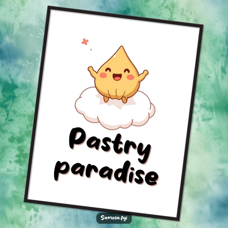 Funny Digital Art Print of a samosa joyfully bouncing on a pastry cloud, an instant download of whimsical happiness.