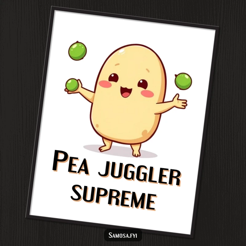Funny digital art print of a happy samosa character juggling three tiny peas, offering instant joyful charm.