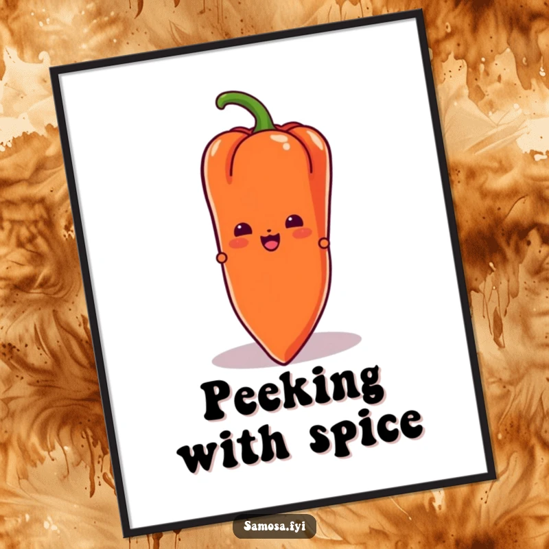 Funny Samosa Digital Art Print of a samosa character peeking from behind a chili pepper, providing instant playful visual appeal.