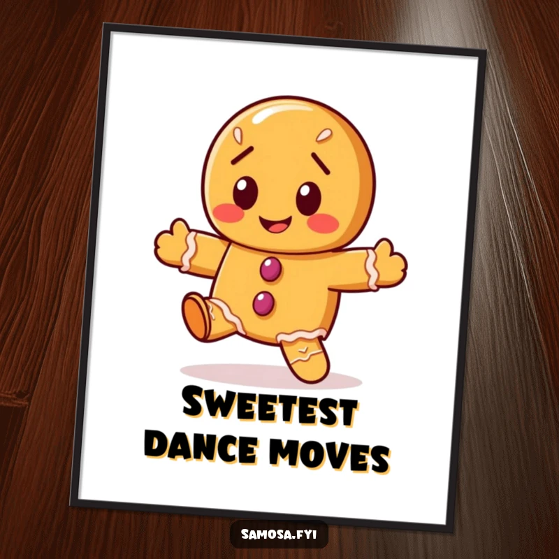 Funny gingerbread cookie digital art print of the character doing a wobbly dance, vibrant and festive.