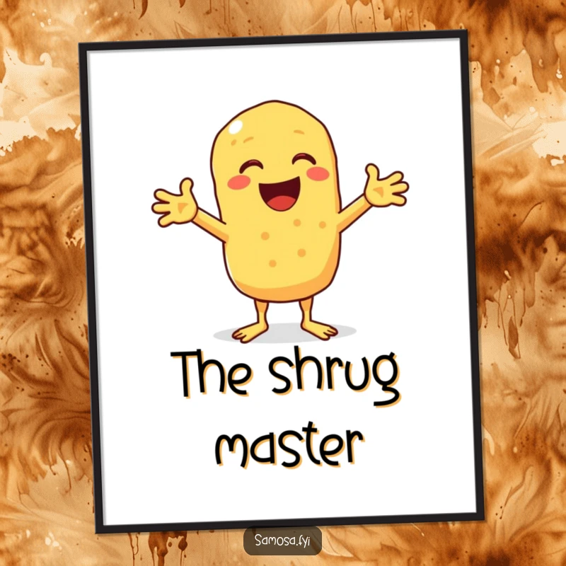Funny digital art print of a chickpea fritter comically shrugging, ideal for humorous and quirky wall decor.