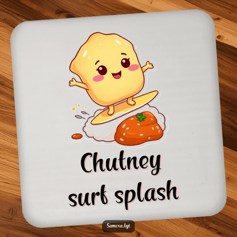 Funny coaster showing a pastry surfing chutney, perfect for protecting surfaces with a touch of baking humor.