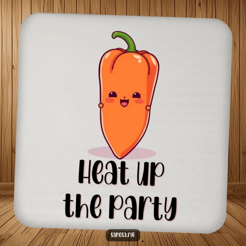 Funny Samosa Drink Coaster featuring a samosa character peeking from behind a chili pepper, adding a touch of playful intrigue.