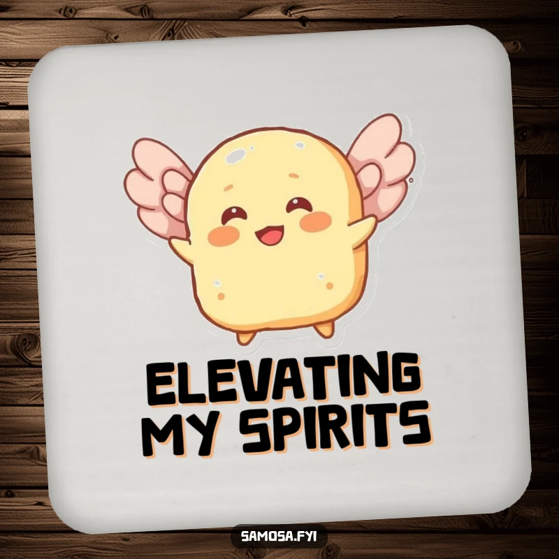 Funny drink coaster featuring a cheerful roti character attempting to fly using its flaky layers as wings, protecting surfaces.
