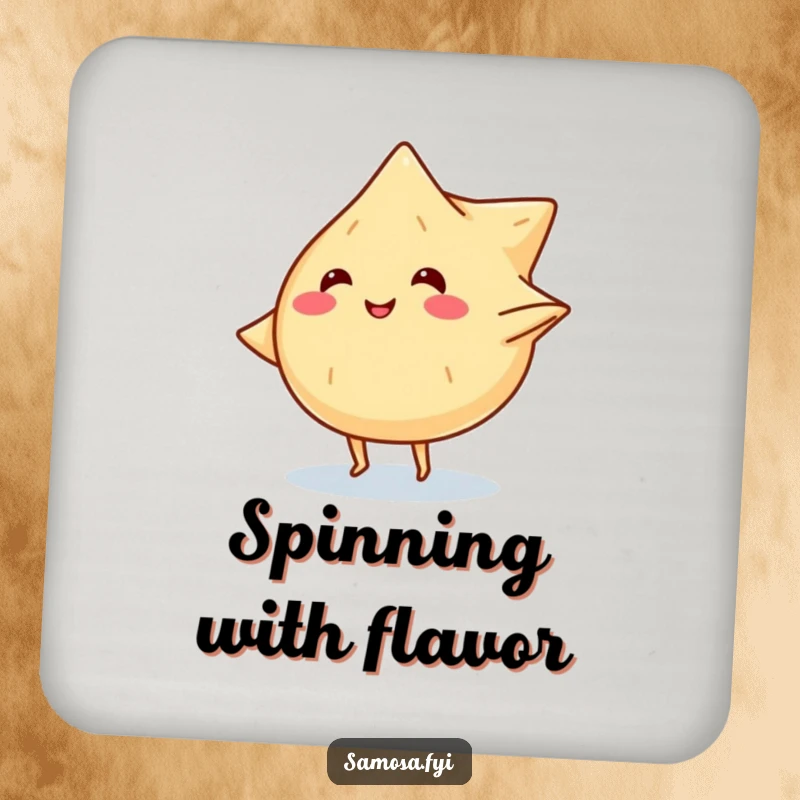 Funny drink coaster featuring a smiling samosa character with tiny legs doing a cartwheel, protecting surfaces with flair.