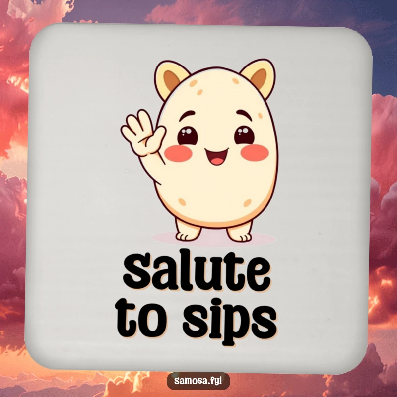 Funny Samosa Coasters set featuring a smiling animated samosa character giving a cheerful salute, protecting surfaces with humor.