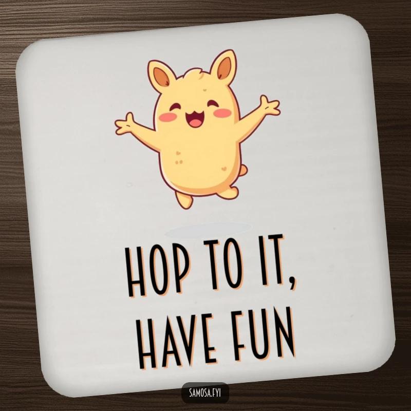 Funny samosa coaster depicting a happy pastry hopping with arms outstretched, ideal for protecting tables with humorous flair.