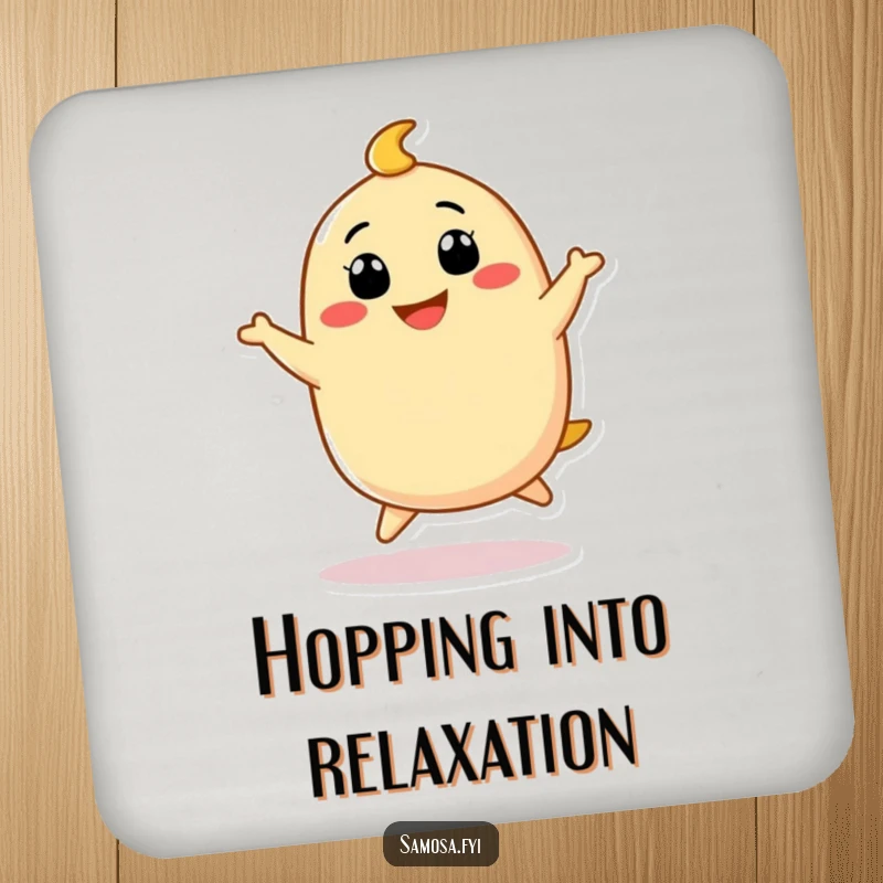 Funny Samosa Coaster showing a cute samosa character doing a funny little hop with a big grin, adding cheerful vibes.