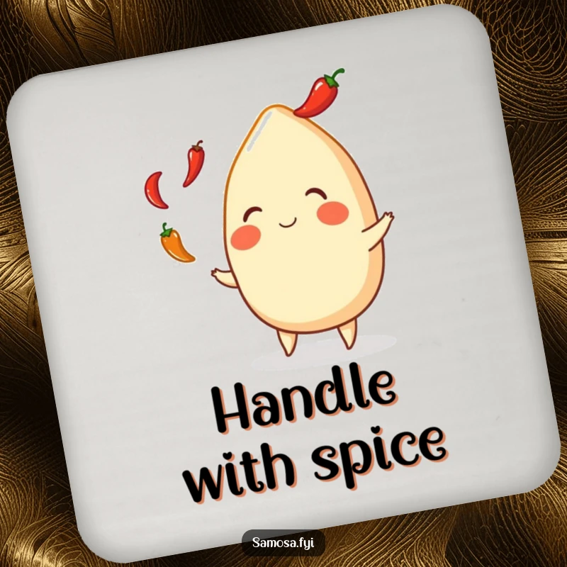 Funny Samosa Drink Coaster: Protects surfaces with a delightful image of an Indian snack juggling chili peppers, adding humor.