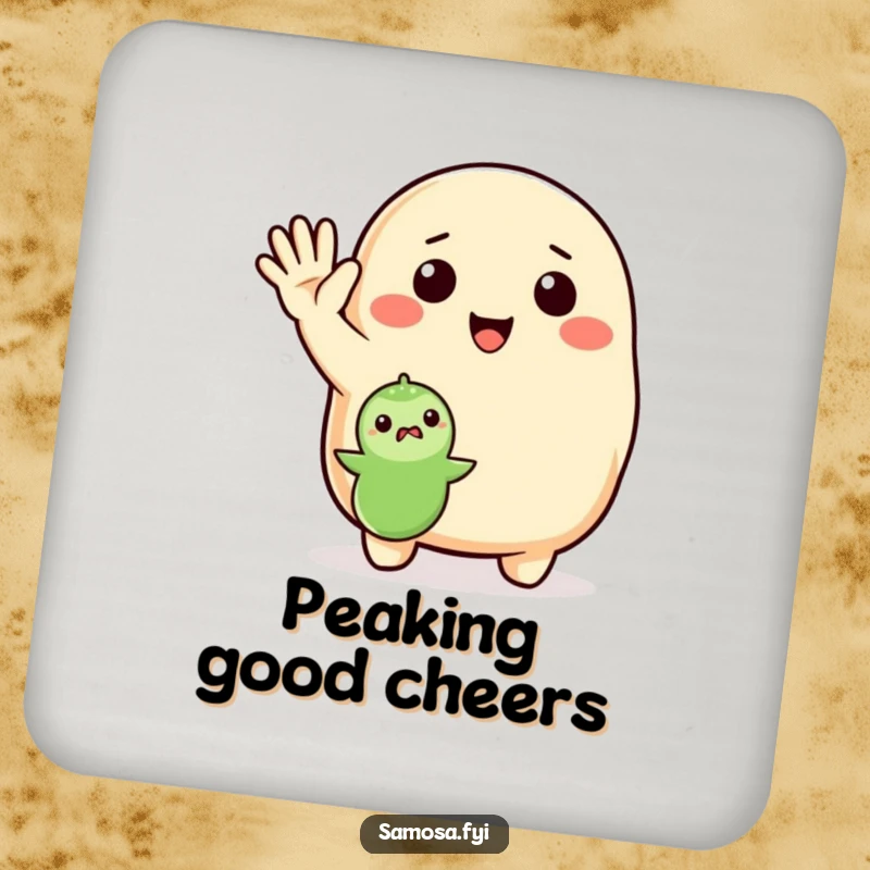 Funny Drink Coaster featuring an enthusiastic samosa waving to a pea, adding a friendly and humorous touch to tabletops.