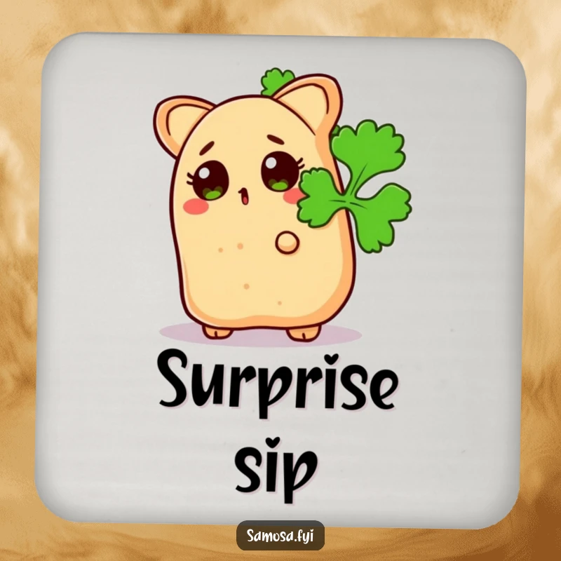 Funny Surprised Samosa Drink Coaster: Protects surfaces with an image of a snack peeking from behind coriander, adding humor.