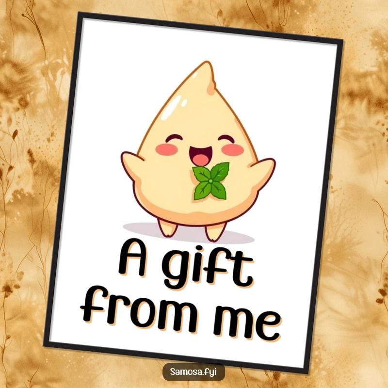 Funny poster showcasing a joyful samosa offering a delicate mint leaf, adding a whimsical touch to any room.