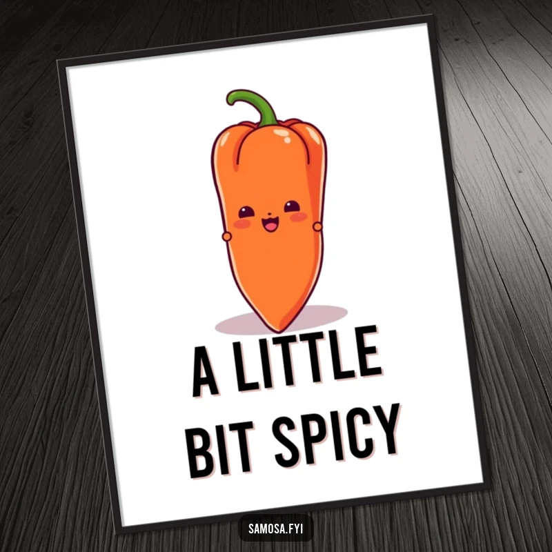 Funny Samosa Poster illustrating a samosa character peeking playfully from behind a large chili pepper, creating a humorous and intriguing scene.