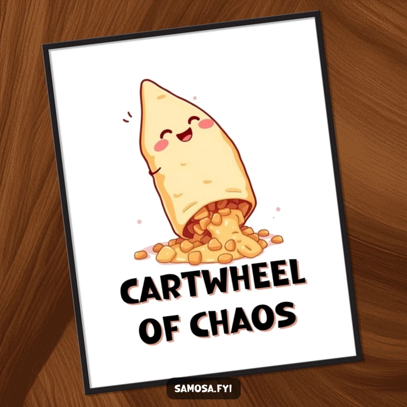 Funny Giggling Samosa Poster: Whimsical food art of a snack doing a cartwheel with filling spilling, adding joy to any room.