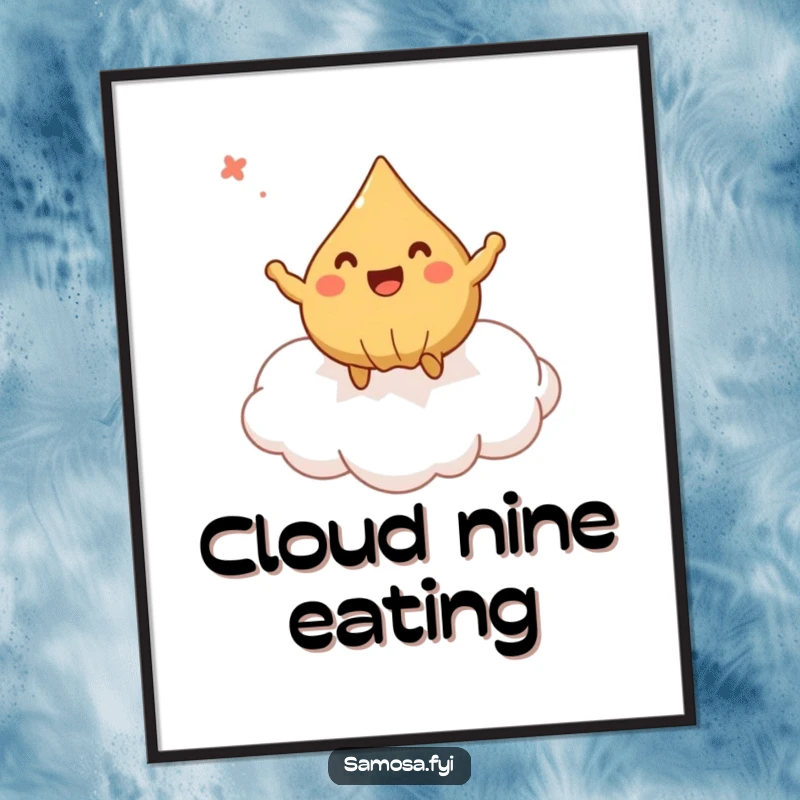 Funny Poster of a delighted samosa bouncing on a puff pastry cloud, spreading joy and humor through art.