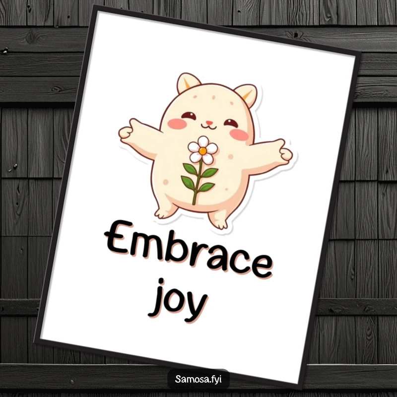 Funny samosa poster, arms spread wide, embracing a small flower, peaceful wall art, nature-inspired humor.