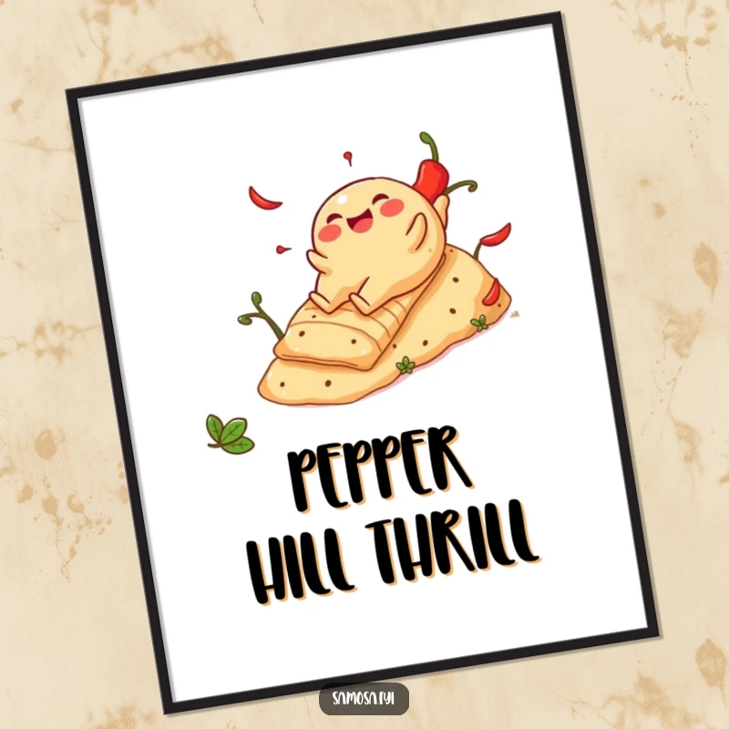 Funny Cheerful Samosa Poster: Vibrant art of a snack sliding down a spicy pepper hill, adding joy and color to decor.