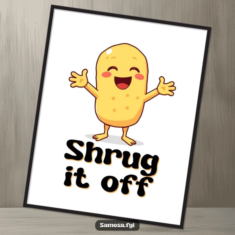 Funny poster featuring a chickpea fritter with arms out, comically shrugging, adding a humorous touch to walls.