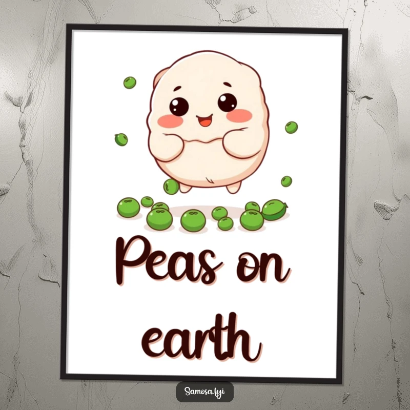 Funny dumpling poster art of the stuffed character trying to catch peas, cute, humorous, and vibrant.