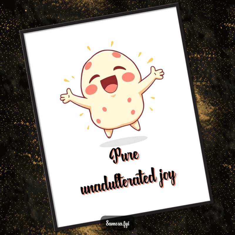 Funny Samosa Poster illustrating a samosa character bursting with extreme joy, arms flailing wildly in a dynamic and happy display.