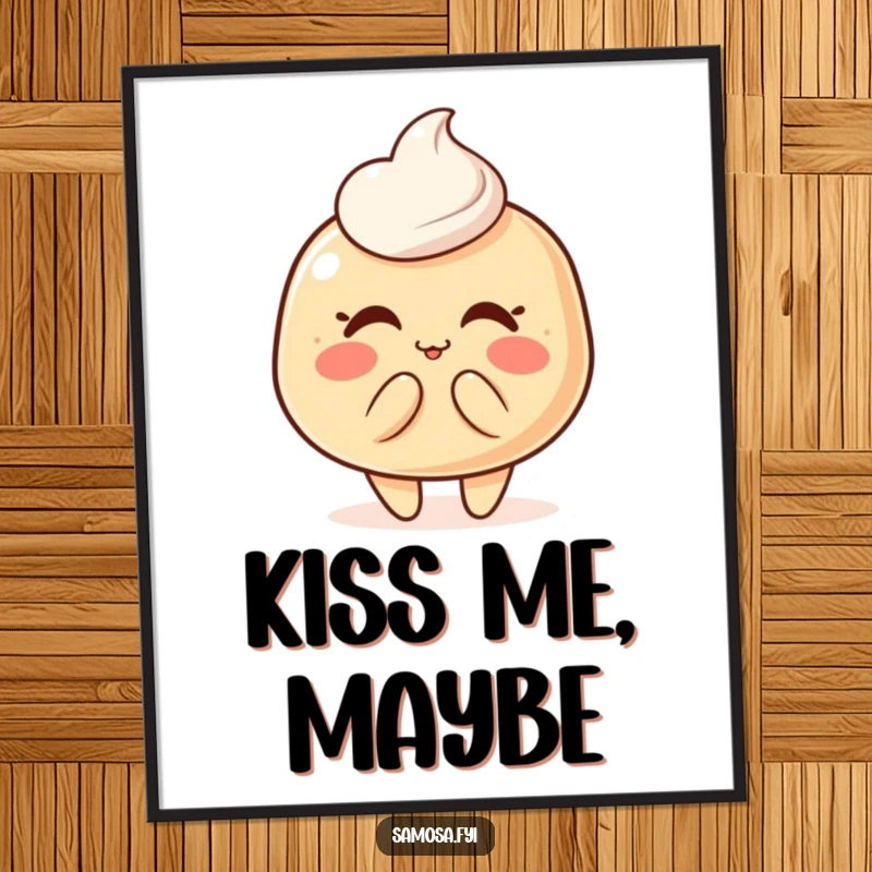 Poster featuring a blushing pastry puff character in the act of blowing a kiss, adding sweet charm to decor.