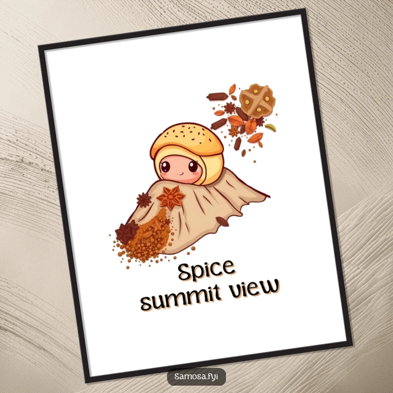 Funny poster illustrating a pastry's valiant effort to climb a huge spice mountain, evoking determination and humor.