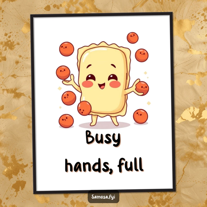 Poster featuring a charming ravioli character in the act of juggling small meatballs, adding Italian kitchen humor.