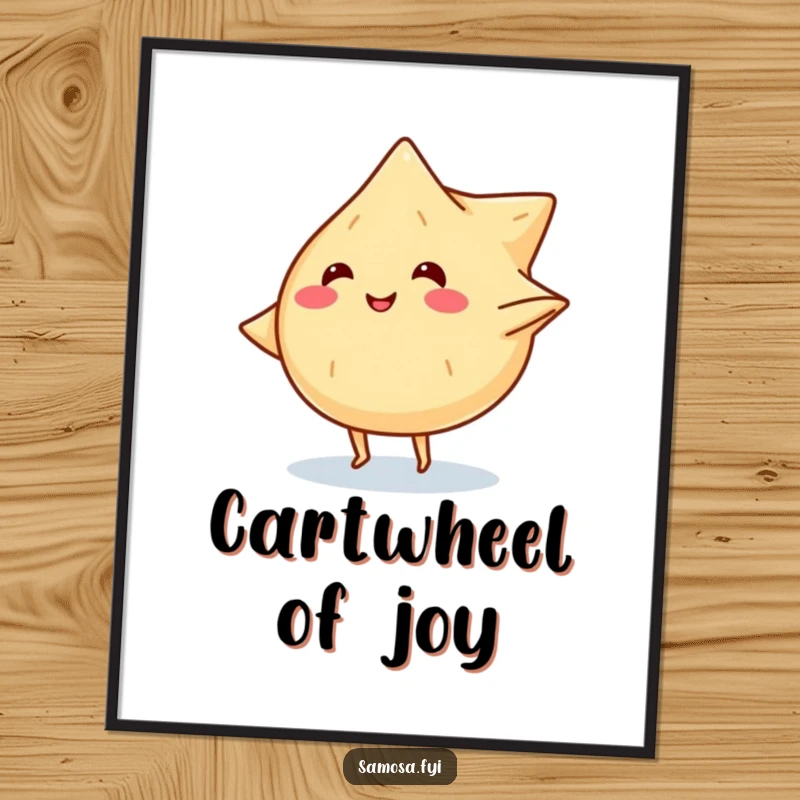 Funny poster art of a smiling samosa character with tiny legs doing a cartwheel, capturing playful snack energy.