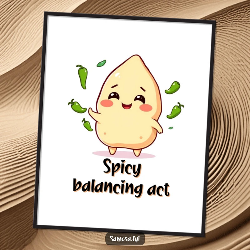 Funny Samosa Juggling Poster: A smiling samosa character skillfully juggling small green chili peppers, bringing a spicy sense of excitement to any wall.